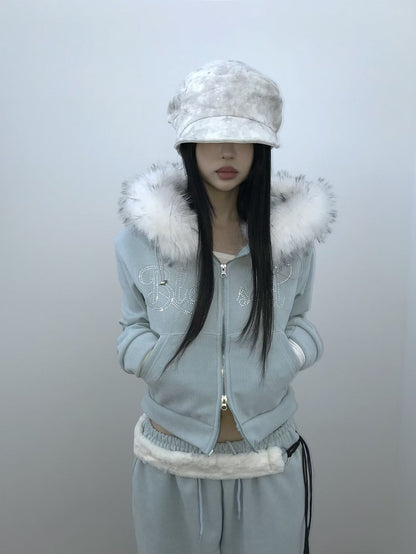 毛領水鑽衛衣外套 Faux Fur Trim Rhinestone Zip-Up Hoodie