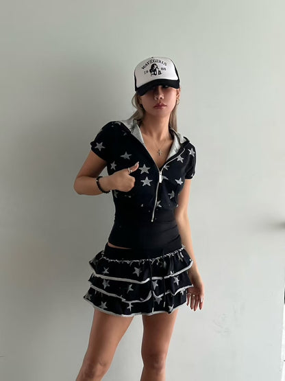 星星印花連帽短袖上衣 Star Print Hooded Short Sleeve Top