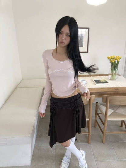 圓領蕾絲皺摺長袖上衣 Round-neck Lace Ruffle Long Sleeves Blouse
