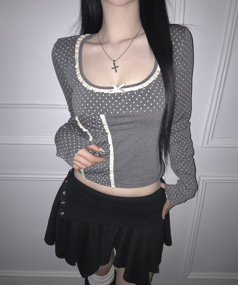 蕾絲波點拼接上衣 Polka Dot Lace Patchwork Top