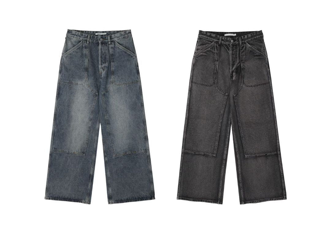 【Unisex】寬腿拼接牛仔褲 Wide Leg Patchwork Denim Pants