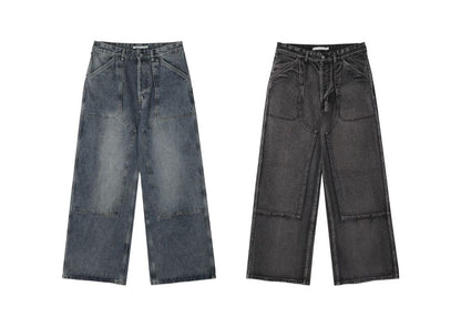 【Unisex】寬腿拼接牛仔褲 Wide Leg Patchwork Denim Pants