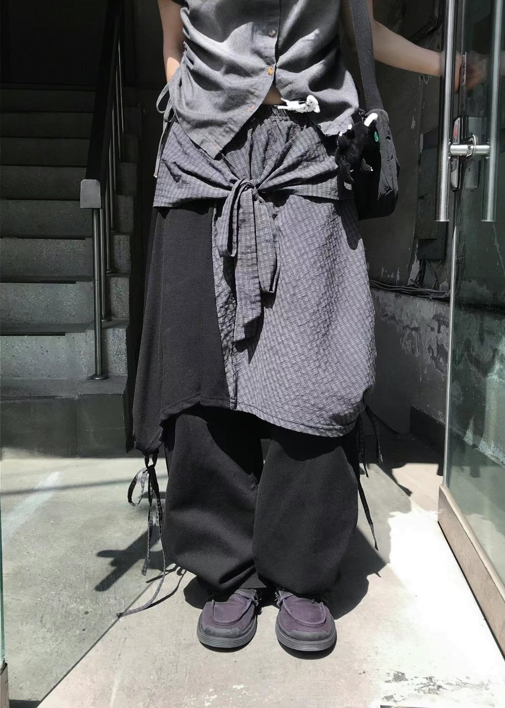 不對稱拼接蝴蝶結系腰中裙 Asymmetric Patchwork Bow Midi Skirt