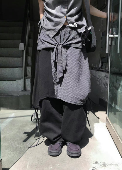 不對稱拼接蝴蝶結系腰中裙 Asymmetric Patchwork Bow Midi Skirt