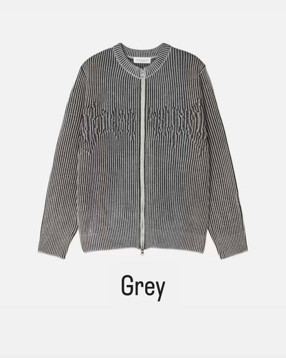 【Unisex】條紋雙拉鍊針織外套 Striped Double-Zip Knit Jacket
