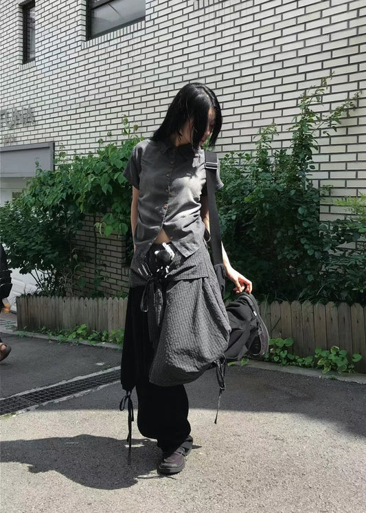 不對稱拼接蝴蝶結系腰中裙 Asymmetric Patchwork Bow Midi Skirt