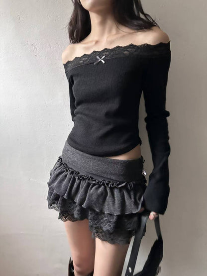 蕾絲蝴蝶結一字肩長袖上衣Lace Bow One-Shoulder Long-Sleeved Top
