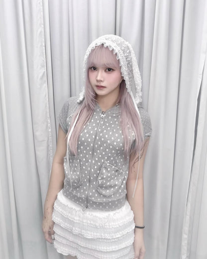 波點拉鍊連帽短袖 Polka Dot Zip-up Short Sleeve Hoodie