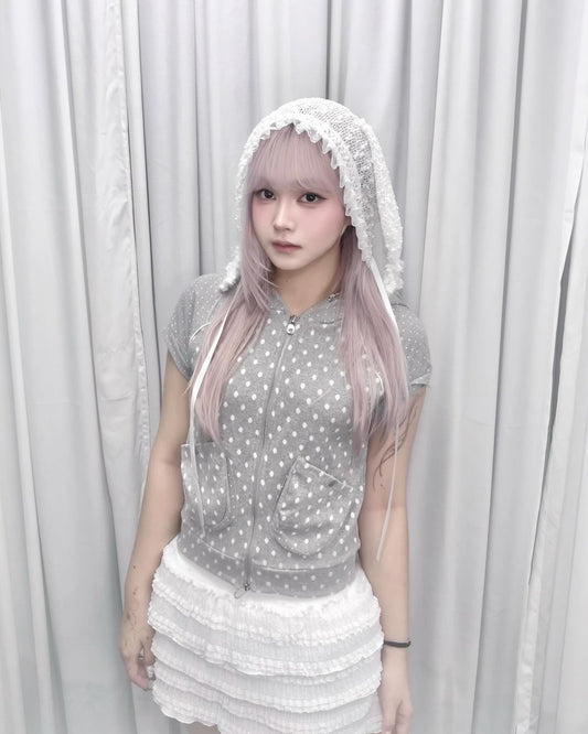 波點拉鍊連帽短袖 Polka Dot Zip-up Short Sleeve Hoodie