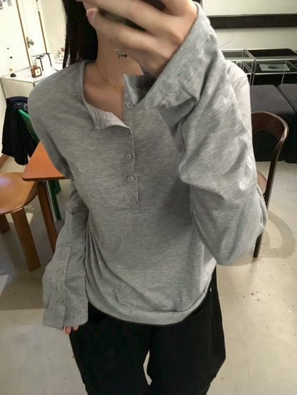 【Unisex】鈕扣寬鬆長袖上衣 Button Loose Long Sleeve Top