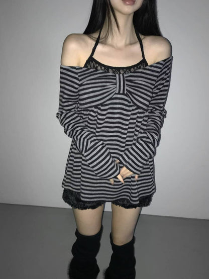 蝴蝶結條紋一字肩 Striped Off-Shoulder Bow Top