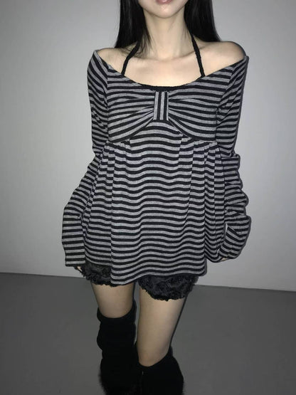 蝴蝶結條紋一字肩 Striped Off-Shoulder Bow Top