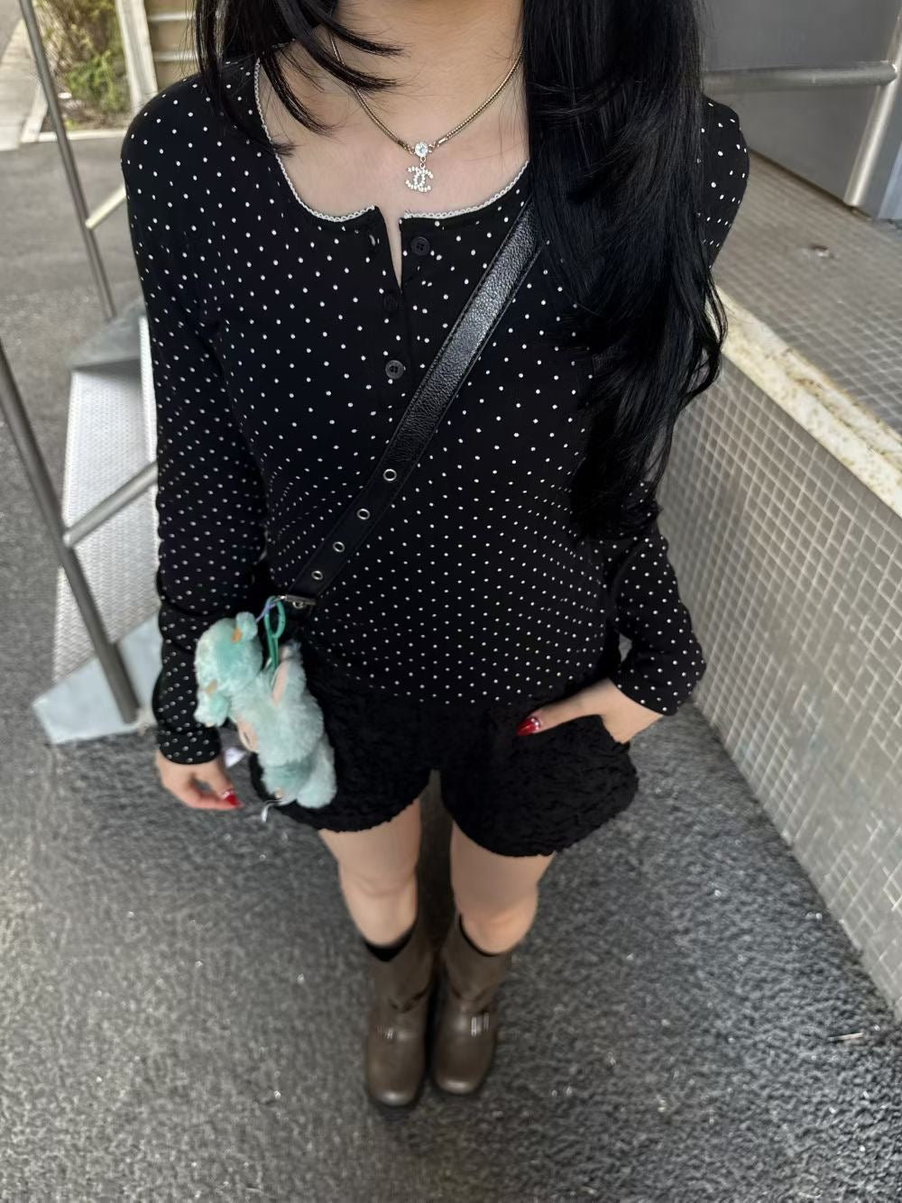 波點鈕扣長袖上衣 Polka Dot Button Long Sleeve Top