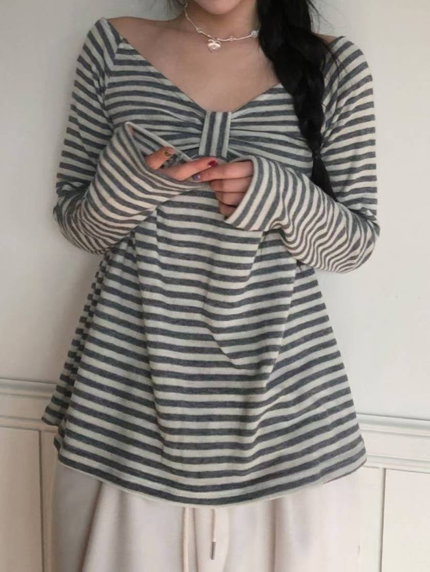 蝴蝶結條紋一字肩 Striped Off-Shoulder Bow Top