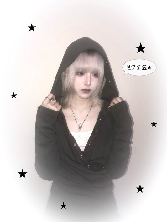 交叉V領釘釦連帽上衣 Crossover V-neck Buttoned Hooded Top