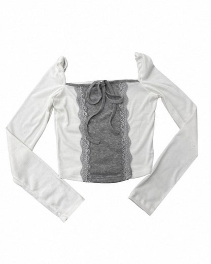 蕾絲拼色一字肩Lace Color-Block Off-Shoulder Top