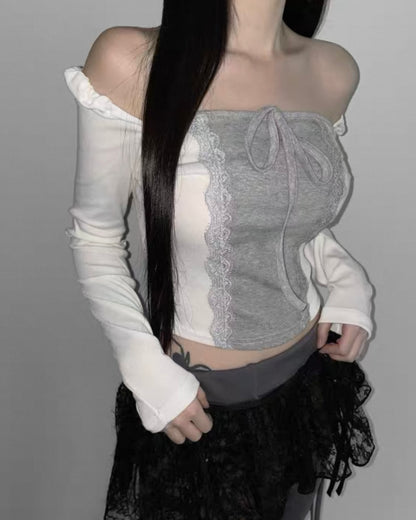 蕾絲拼色一字肩Lace Color-Block Off-Shoulder Top