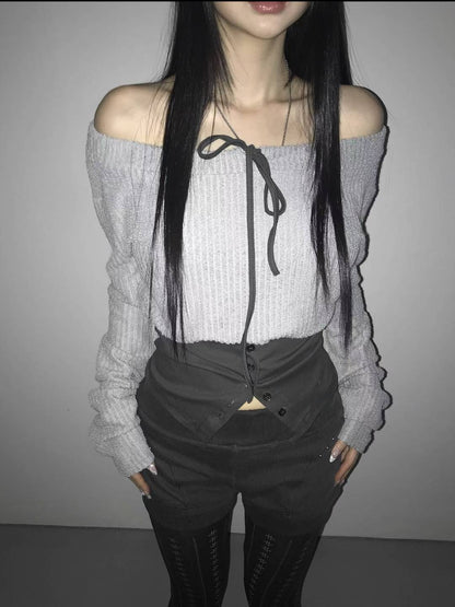 針織修身一字肩 Knit Off-Shoulder Fitted Top