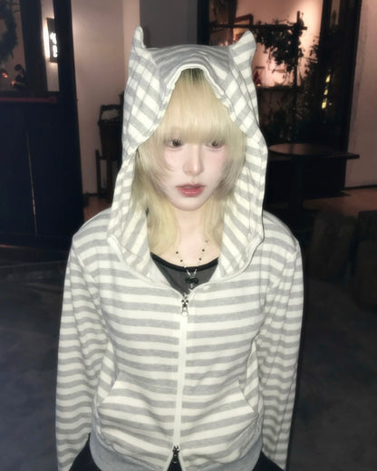 貓耳條紋雙拉鍊外套 Cat Ear Stripe Double Zip Jacket