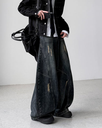 【Unisex】深色水洗彎刀牛仔褲 Dark Washed High-rise Barrel-leg Jeans