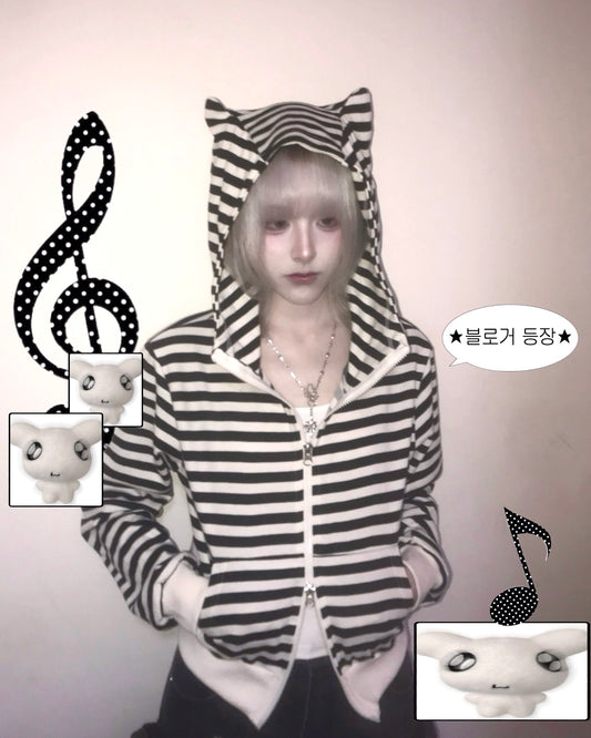 貓耳條紋雙拉鍊外套 Cat Ear Stripe Double Zip Jacket