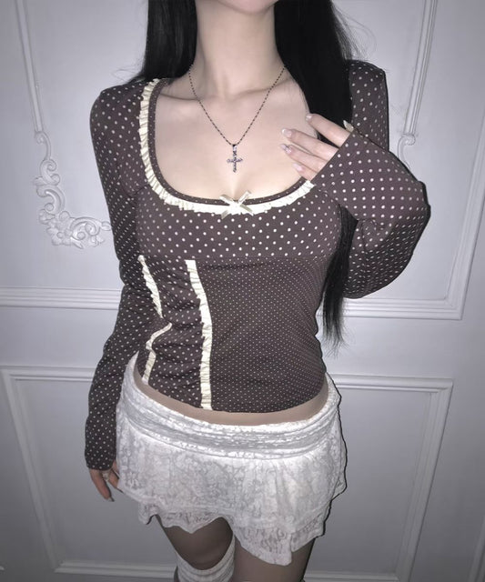 蕾絲波點拼接上衣 Polka Dot Lace Patchwork Top