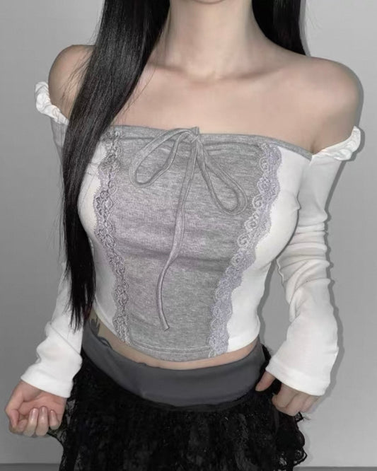 蕾絲拼色一字肩Lace Color-Block Off-Shoulder Top