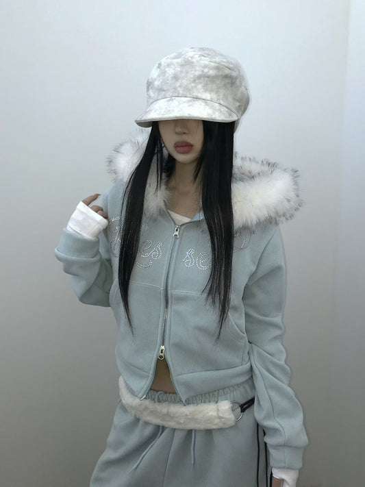 毛領水鑽衛衣外套 Faux Fur Trim Rhinestone Zip-Up Hoodie
