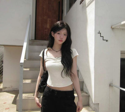 波點方領短袖上衣 Polka Dot Square Neck Short Sleeve Top