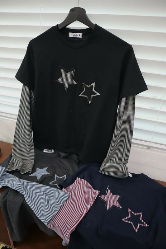 星星條紋假兩件上衣 Star Striped Faux Two-Piece Top