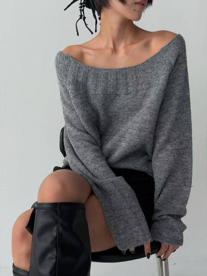 露肩寬領針織冷衫 Off-Shoulder Wide Neck Knit Sweater