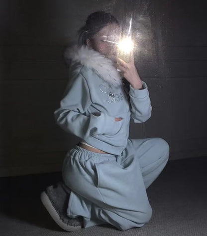 毛領水鑽衛衣外套 Faux Fur Trim Rhinestone Zip-Up Hoodie