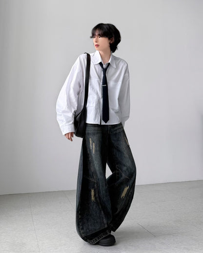 【Unisex】深色水洗彎刀牛仔褲 Dark Washed High-rise Barrel-leg Jeans