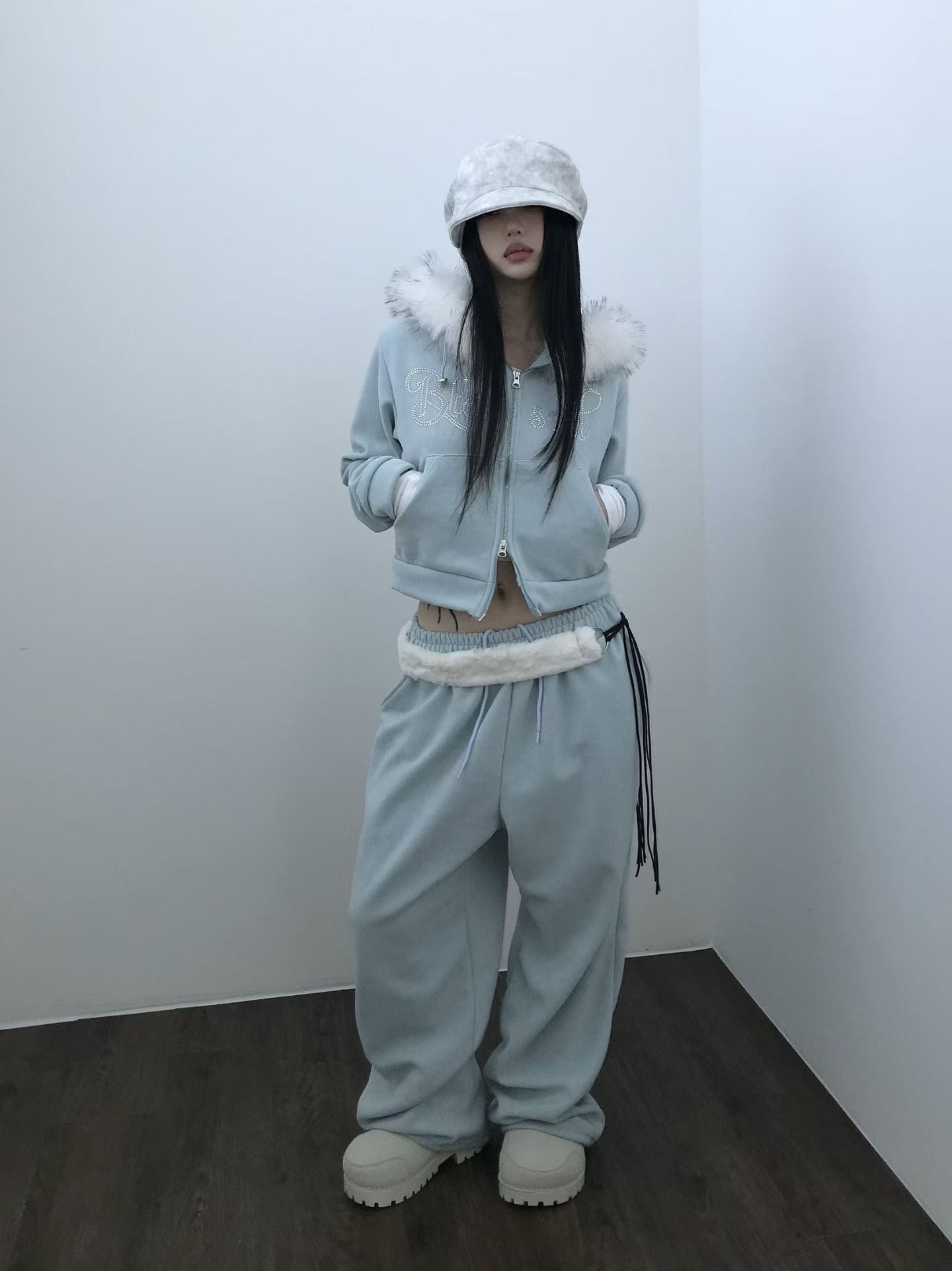 毛領水鑽衛衣外套 Faux Fur Trim Rhinestone Zip-Up Hoodie