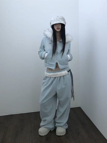 毛領水鑽衛衣外套 Faux Fur Trim Rhinestone Zip-Up Hoodie