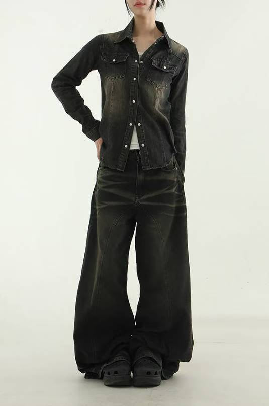 【Unisex】鈕扣彎刀牛仔褲  Button Barrel-leg Jeans