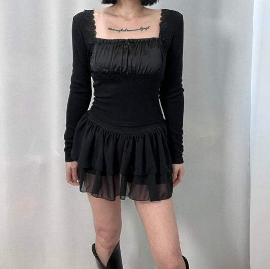 皺摺蕾絲方領上衣 Pleated Lace Square Neck Top