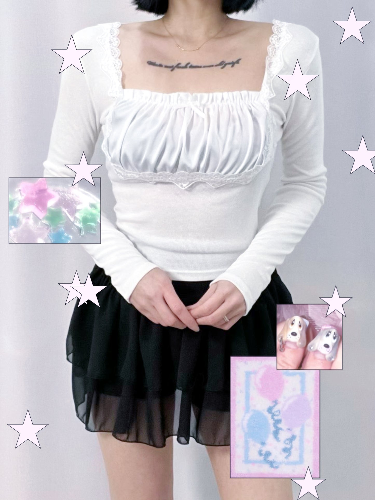 皺摺蕾絲方領上衣 Pleated Lace Square Neck Top