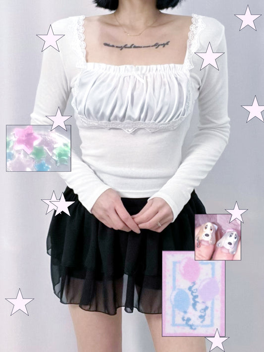 皺摺蕾絲方領上衣 Pleated Lace Square Neck Top