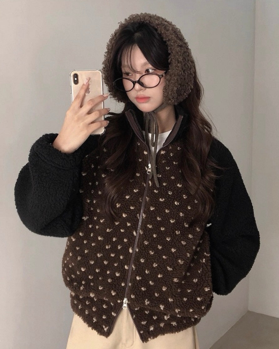 心形波點拼色搖粒絨外套 Heart-Shaped Polka Dot Color-Block Fleece Jacket