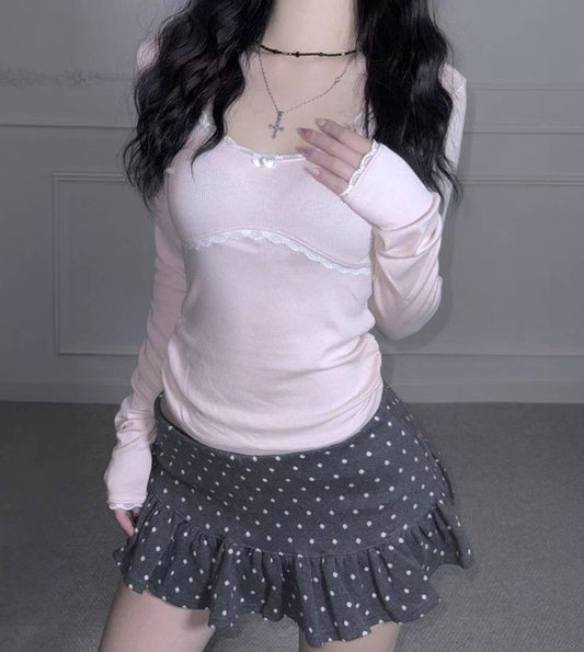 圓領蕾絲皺摺長袖上衣 Round-neck Lace Ruffle Long Sleeves Blouse