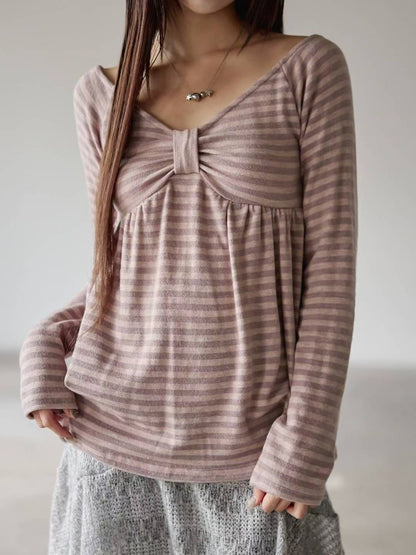 蝴蝶結條紋一字肩 Striped Off-Shoulder Bow Top