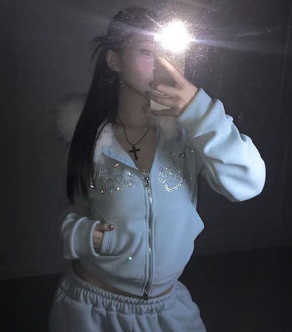 毛領水鑽衛衣外套 Faux Fur Trim Rhinestone Zip-Up Hoodie