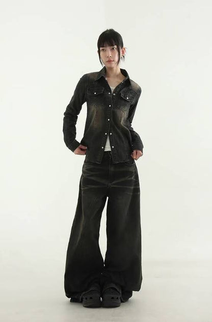 【Unisex】鈕扣彎刀牛仔褲  Button Barrel-leg Jeans