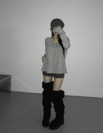 蝴蝶結條紋一字肩 Striped Off-Shoulder Bow Top