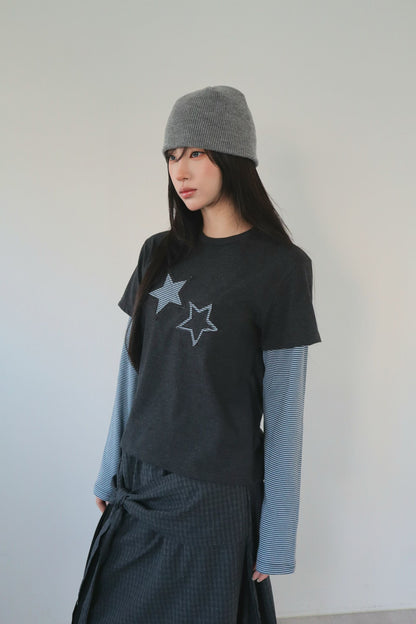 星星條紋假兩件上衣 Star Striped Faux Two-Piece Top