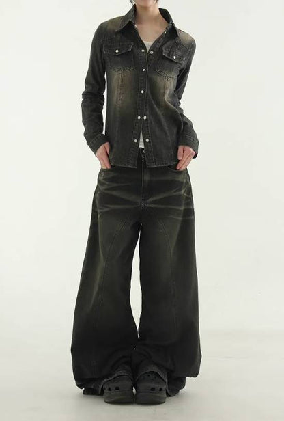 【Unisex】鈕扣彎刀牛仔褲  Button Barrel-leg Jeans