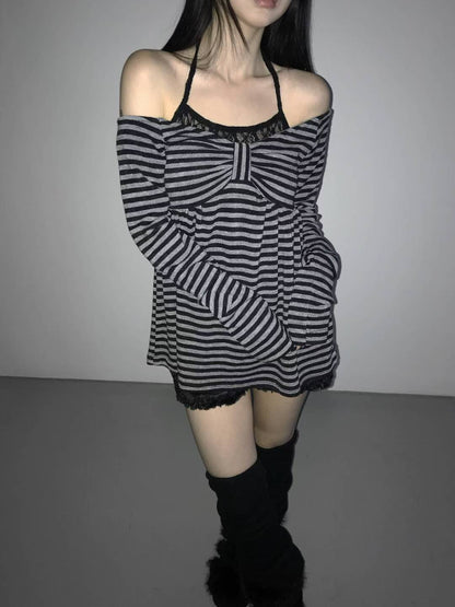 蝴蝶結條紋一字肩 Striped Off-Shoulder Bow Top