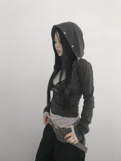交叉V領釘釦連帽上衣 Crossover V-neck Buttoned Hooded Top