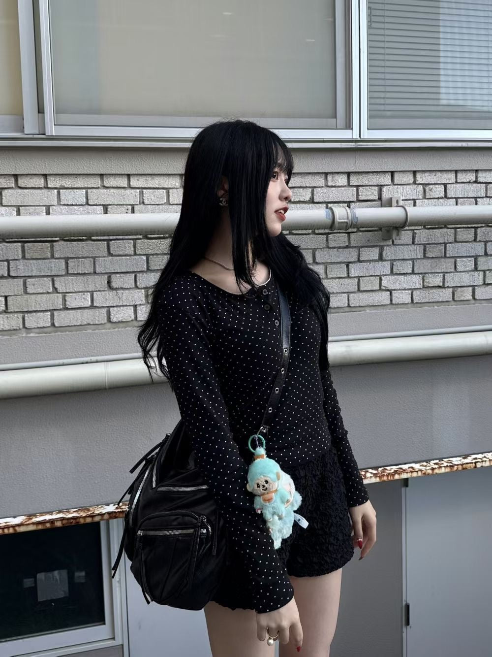 波點鈕扣長袖上衣 Polka Dot Button Long Sleeve Top